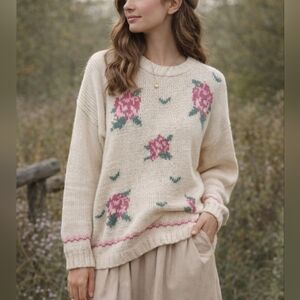 Vintage Floral Knit Sweater Women’s Small Cream Pink Rose Cottagecore Oversized